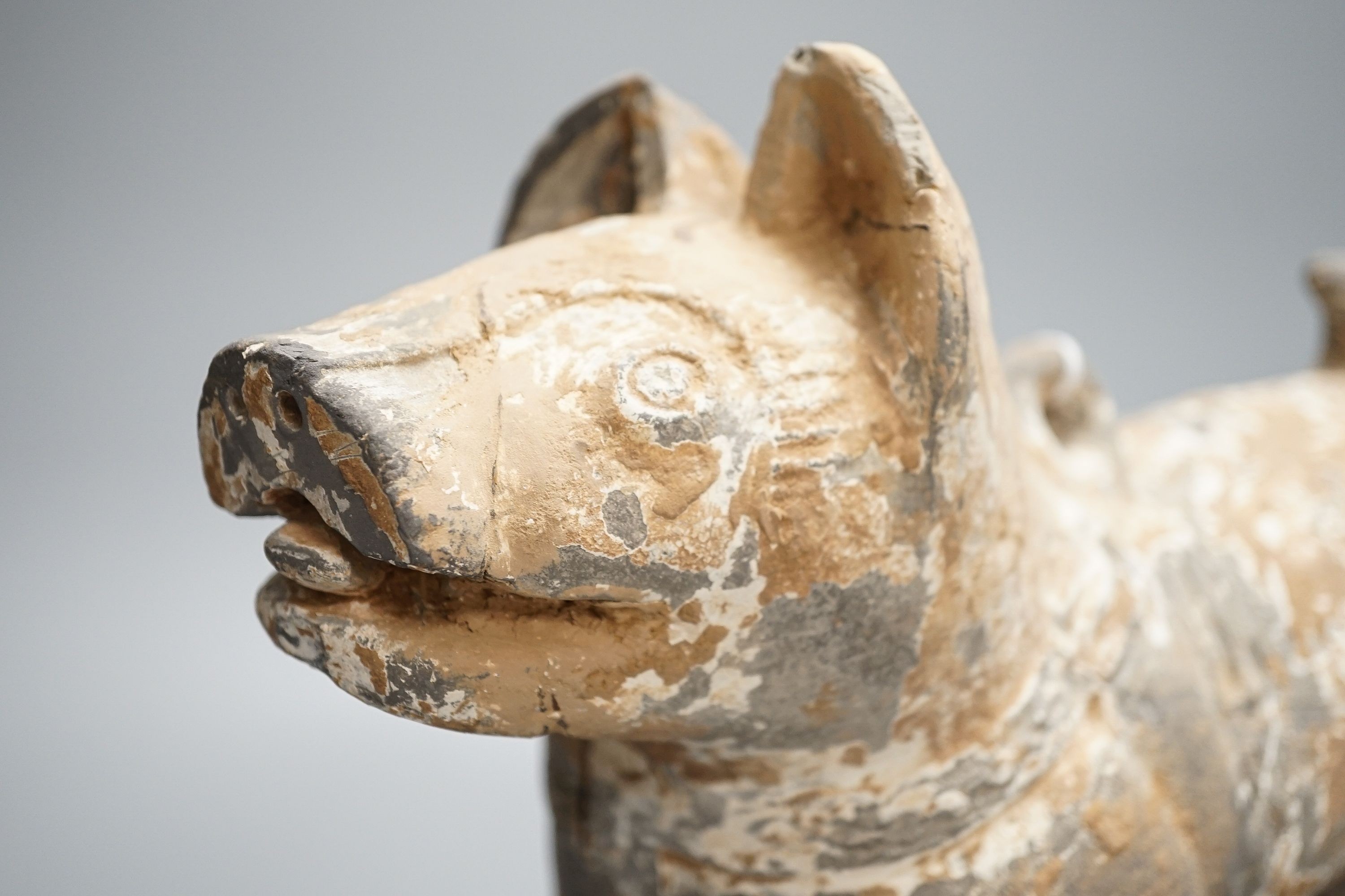 A Chinese painted grey pottery figure of a dog, probably Han dynasty, length 32cm, with 1991 invoice